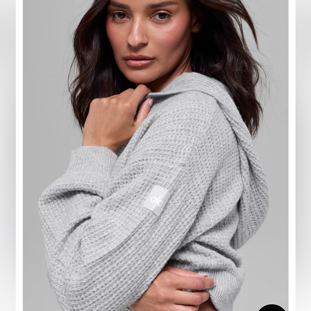 ALO Yoga cashmere plush waffle full zip hoodie  color athletic heather